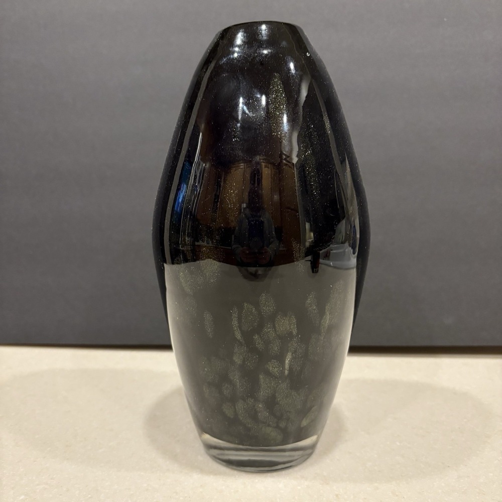 Hand Blown Art‎ Glass Vase Black Gold Speckled Teardrop 10" Studio Decor